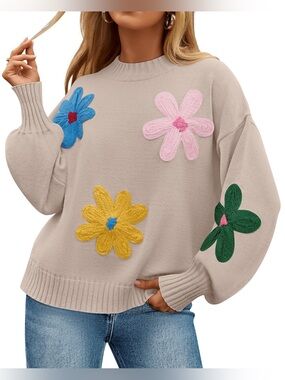 Aaeda CREWNECK RIBBED KNIT FLOWER COLOR BLOCK LOOSE PULLOVER TOP SIZE: Large